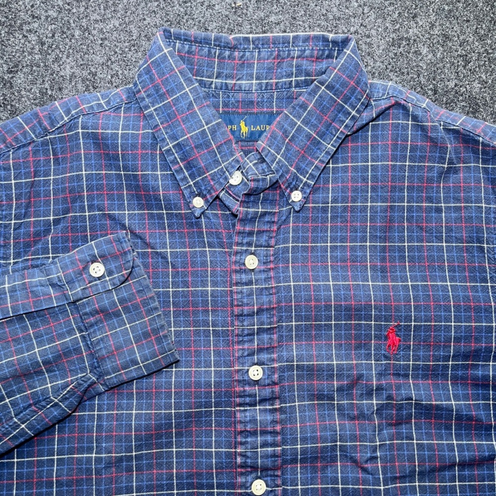 Ralph Lauren Button Down Shirt Mens M Blue Plaid Long Sleeve Cotton